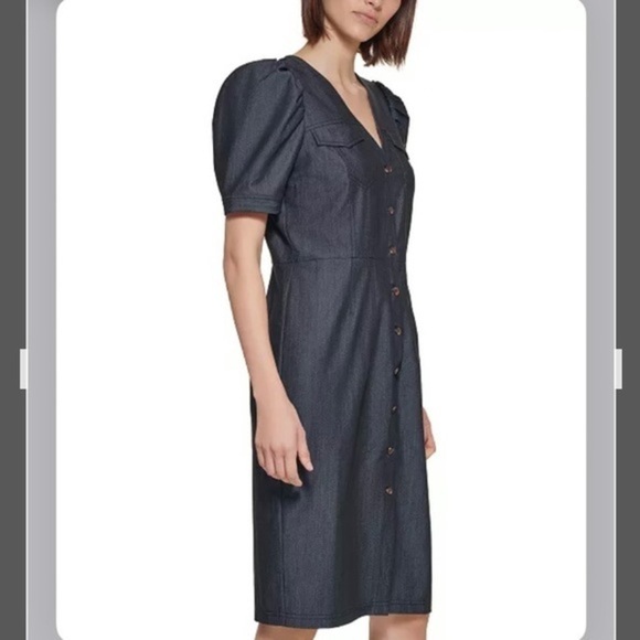 Calvin Klein Denim Puff-Sleeve Sheath Dress in Blue Size 6P - Picture 3 of 13